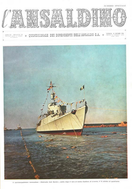 p. 1 (copertina), il cacciatorpediniere venezuelano "Almirante Josè Garcia", subito dopo il varo al nostro Cantiere de Livorno, il 12 ottobre 1956